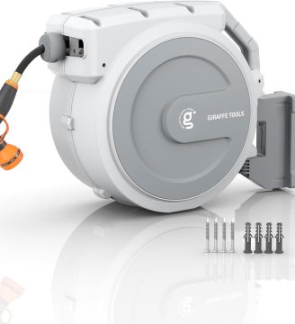 Giraffe Tools Retractable Garden Hose Reel, 5/8 in x 90 ft Heavy Duty Hose Reel With 9 Pattern Nozzle, Any Length Lock, Wall Mount Water Hose Reel, 180°Swivel, Light Grey