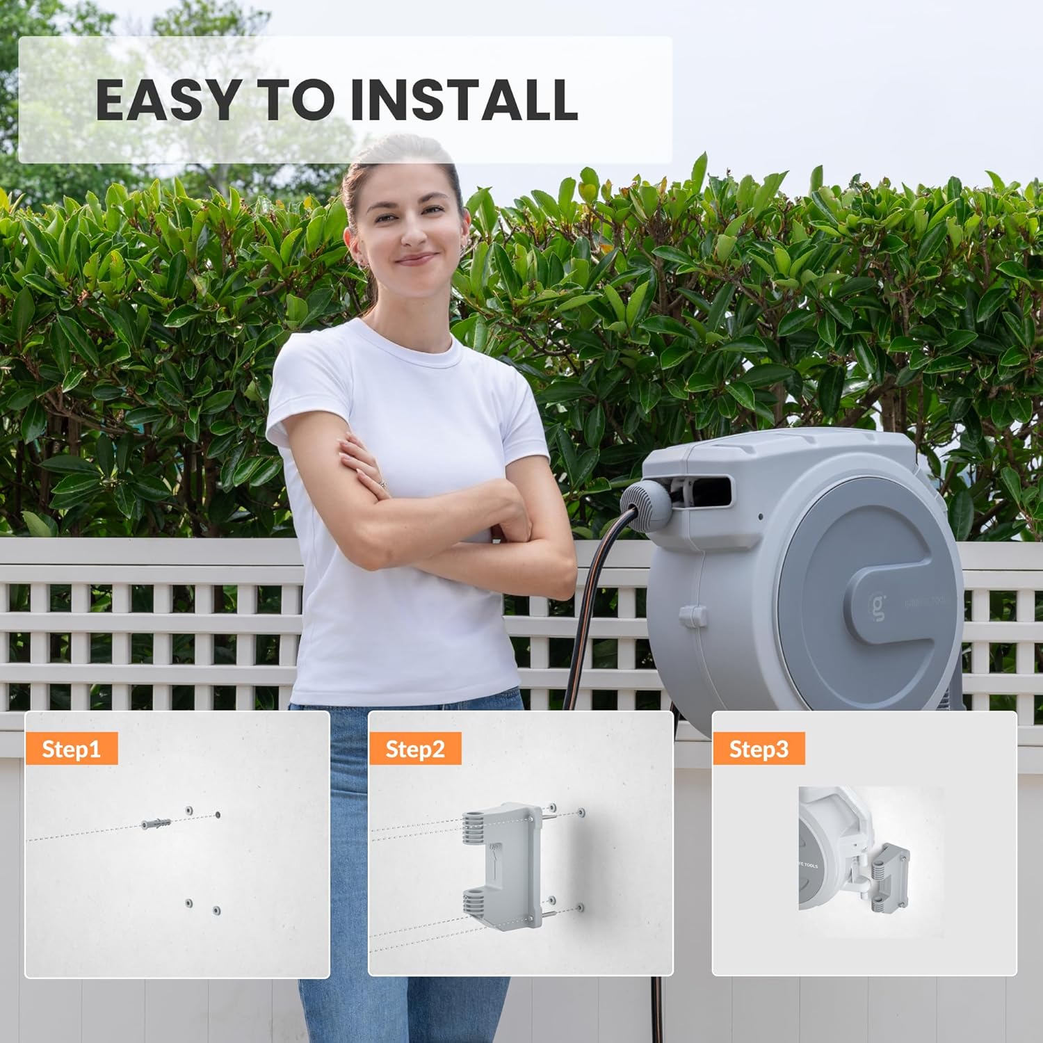 Giraffe Tools Retractable Garden Hose Reel, 5/8 in x 90 ft Heavy Duty Hose Reel With 9 Pattern Nozzle, Any Length Lock, Wall Mount Water Hose Reel, 180°Swivel, Light Grey - Image 3