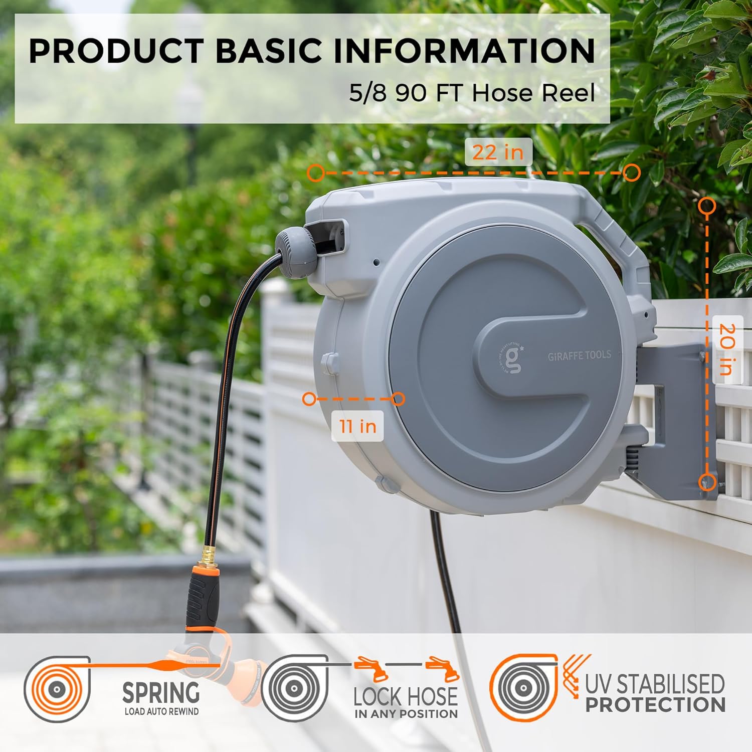 Giraffe Tools Retractable Garden Hose Reel, 5/8 in x 90 ft Heavy Duty Hose Reel With 9 Pattern Nozzle, Any Length Lock, Wall Mount Water Hose Reel, 180°Swivel, Light Grey - Image 5
