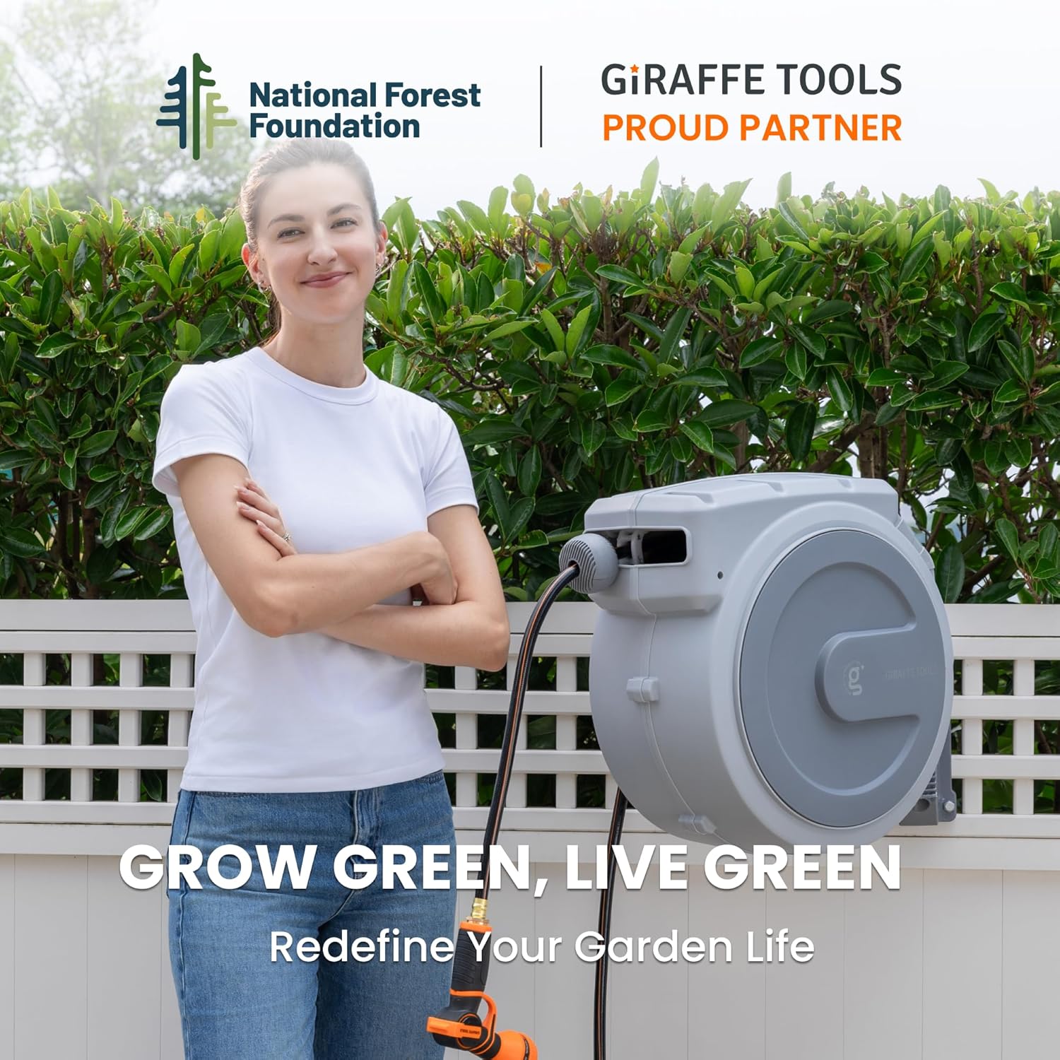 Giraffe Tools Retractable Garden Hose Reel, 5/8 in x 90 ft Heavy Duty Hose Reel With 9 Pattern Nozzle, Any Length Lock, Wall Mount Water Hose Reel, 180°Swivel, Light Grey - Image 6